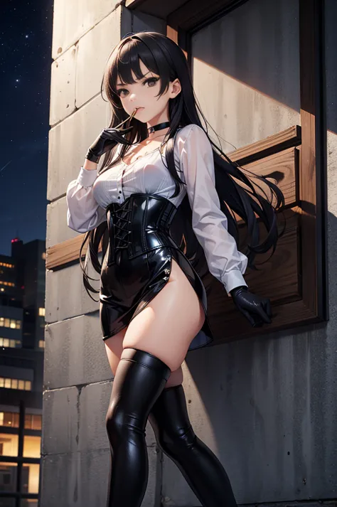  masterpiece,  Anime style, A young girl,  of foot, ( seen from the front ), pretty face,  angry look, making faces with his mouth,  long black hair,  detailed eye comforter,  black eyes,  choker : 1.6, (( long sleeve white shirt )), ( black gloves ), (bla...