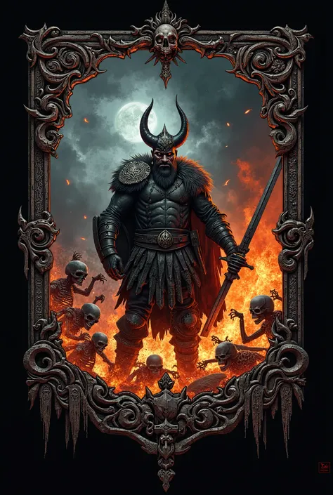 A dark Viking logo , With flames,  with a Viking and skeletons fighting behind,  WITH GOTHIC LETTERS  "Valhalla" hardcore style