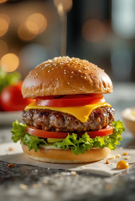 A professional photography with a bun burger, lettuce, 1 meat, cheddar cheese, tomato, on a table, Tasty burger, professional photography, 8k, advertisement style composition, TV commercial style