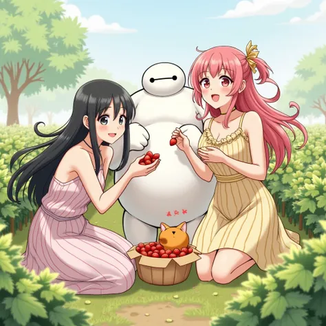  anime style。A beautiful woman with long black hair, a handsome man, and a beautiful woman with pink hair。Striped kitten。There is a fox-colored little fox sitting 。Baymax is standing 。 I'm here to pick strawberries and everyone is having fun eating。