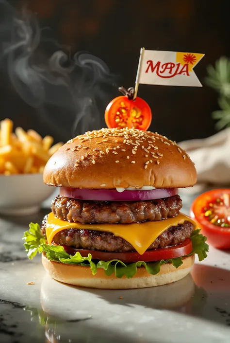 A professional photography with a bun burger, lettuce, 1 meat, cheddar cheese, tomato, on a table, Tasty burger, professional photography, 8k, advertisement style composition, TV commercial style