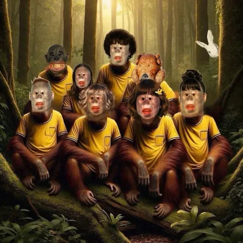 Family photo of an orangutan wearing a yellow shirt