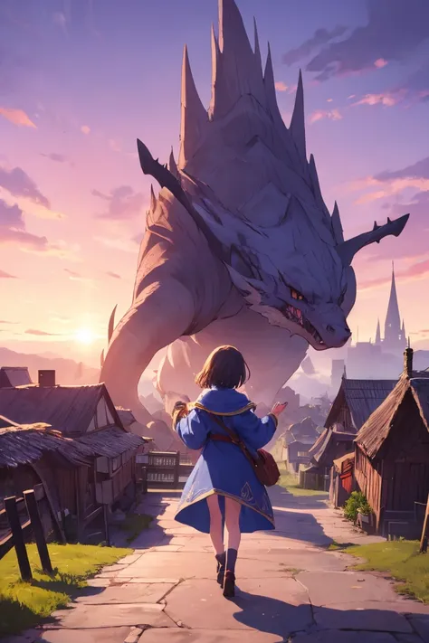 "A young monster tamer girl embarks on her journey from a quaint fantasy village at sunrise. She has a determined and excited expression, wearing a traveler's cloak over a practical yet stylish outfit, with a small satchel and a magic tome at her side. A l...