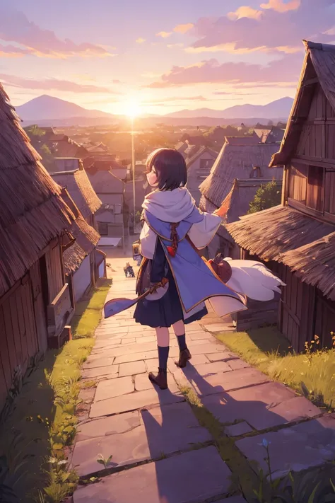 "A young monster tamer girl embarks on her journey from a quaint fantasy village at sunrise. She has a determined and excited expression, wearing a traveler's cloak over a practical yet stylish outfit, with a small satchel and a magic tome at her side. A l...