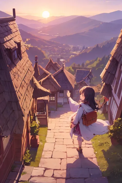 "A young monster tamer girl embarks on her journey from a quaint fantasy village at sunrise. She has a determined and excited expression, wearing a traveler's cloak over a practical yet stylish outfit, with a small satchel and a magic tome at her side. A l...