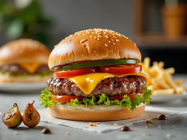A professional photography with a bun burger, lettuce, 1 meat, cheddar cheese, tomato, on a table, Tasty burger, professional photography, 8k, advertisement style composition, TV commercial style