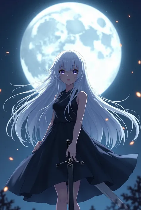 anime girl with long white hair holding a sword in front of a full moon, white haired deity, anime girl with long hair, female anime character, anime girl wearing a black dress, white haired, anime character, with long white hair, ueshiba riichi, nightcore...