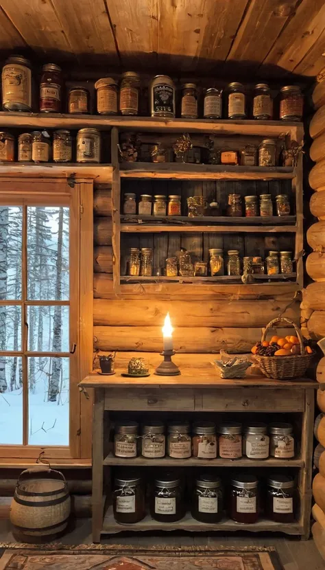 Masterpiece, best high quality,  small,  but a very cozy room in a small log hut on the shore forest lake in the Far Arctic. low plank ceiling ,  under the ceiling, bunches of dried herbs and berries hung on a stretched fishing line ,  on the log walls the...