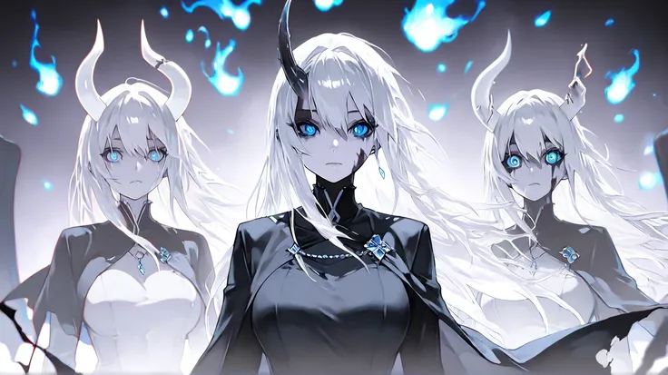 an HD anime scene of a tall mature eldritch pale whitered white skin female demon creature with one white horn and one black horn with eerie blue eyes and an evil psycho expression on her face with half side long white hair with black thin demon eyes and a...