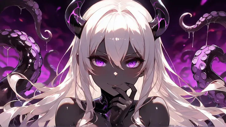 An HD anime Scene  a young mature black void skin demon girl with curly long silver hair with purple eyes with her body exoskeleton being made of eldritch black tentacles while looking at the viewer with an evil arrogant expression, black skin, high detail...