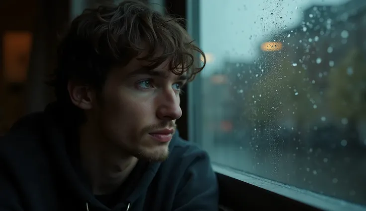 a 30-year-old man, brown hair and expressive eyes, sitting at the edge of a rainy window .  He looks out with a thoughtful look ,  as the soft evening light illuminates his face. melancholic scene, reflective.  high definition image 