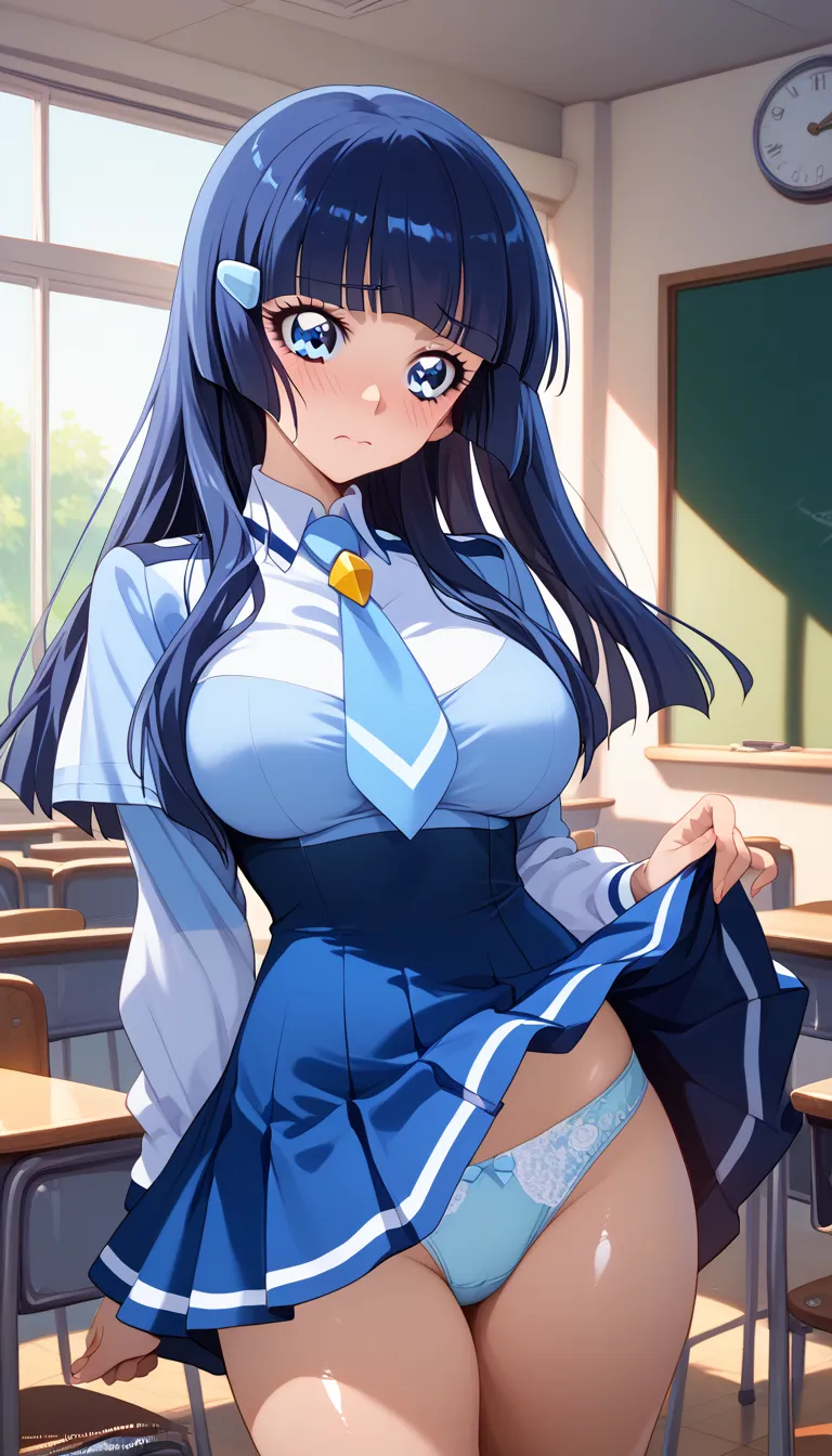 Score 9, Score 8 up, Score 7 up, The rating is questionable,
Detailed Background, Shiny skin,Reika Aoki,
Reika Aoki, straight long blue hair, blunt bangs, blue eyes, nanairogaoka middle , blue necktie, long sleeves,blue top,nsfw,panties,lift up skirt,,larg...