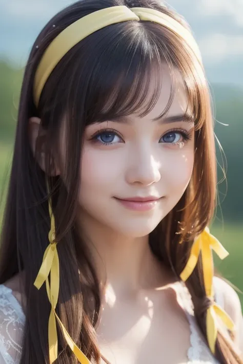 Masterpiece,  best quality ,  best quality , (  intricate detail :1.2),  beautiful eyes,  1 girl, Alone, Outdoors,  blue sky, cloudy, Bokeh,  lens flare, anamorphic  lens flare,  allows depth of field ,  enchanting face ,  bewitching smile, {{heanna_violet...