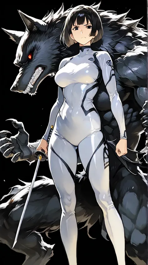 a mature 30 year old girl wearing a simple white fullbody spandex jumpsuit with black details with short bob cut black hair and black eyes holding a katana in a serious determined expression while standing next to a large intimidating black werewolf in the...