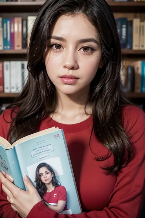 a close up of a woman with a red shirt and a book shelf, alanis guillen, lorena avarez, pilar, estefania villegas burgos, magda torres gurza, beautiful mexican woman, adriana dxim, fernanda suarez, ayahausca, youtube video screenshot, closeup headshot, fac...