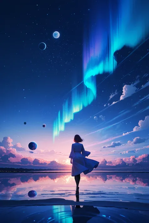 A surreal sky with glowing astral clouds, girl walking on water, vibrant aurora borealis, deep cosmic colors, scattered light, dreamy atmosphere, ultra-detailed, cinematic lighting, 8K resolution,