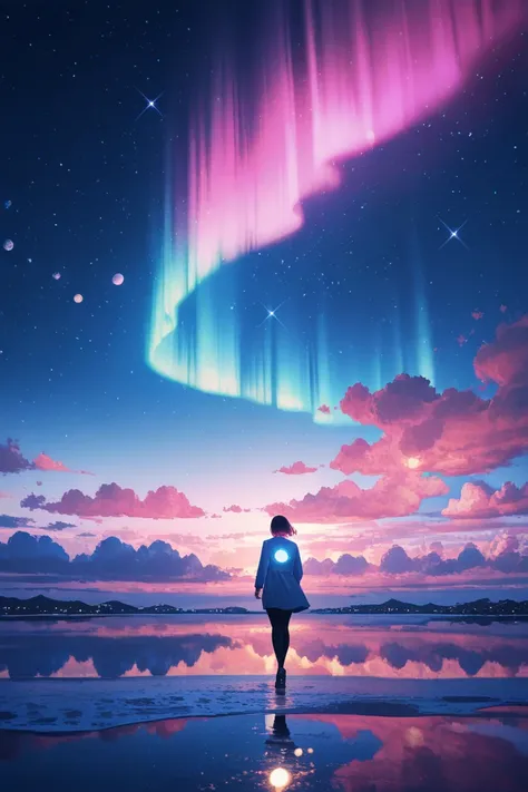 A surreal sky with glowing astral clouds, girl walking on water, vibrant aurora borealis, deep cosmic colors, scattered light, dreamy atmosphere, ultra-detailed, cinematic lighting, 8K resolution, distant view,