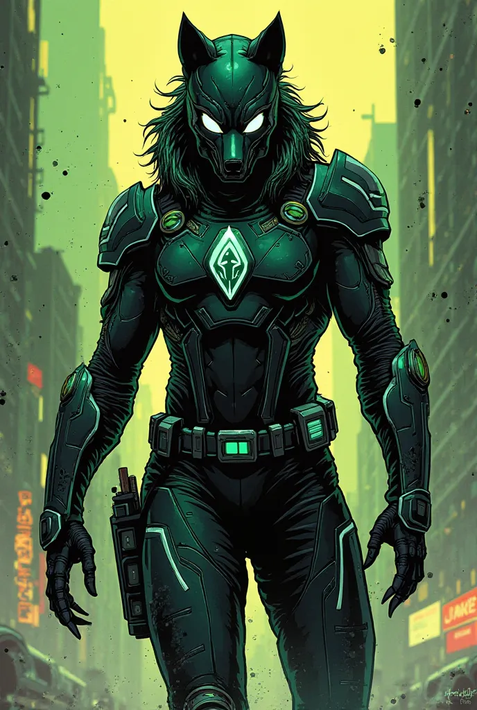 Comic: bounty hunter spacesuit with black/green wolf aesthetic 