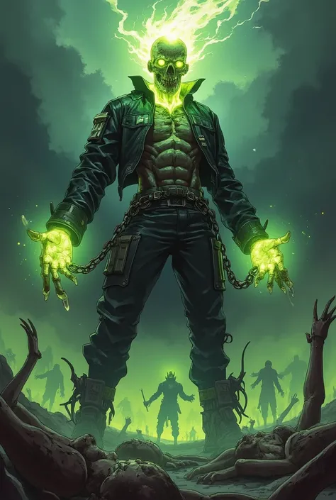 Ghost rider,long chains captured like a monster Demon in background, looking stright, green fire, black leather jacket, aggressive, gradients,raw skull 💀 in fire, satender,hands up and chained tightly,full body chained like a slave, looking at you soul, dy...