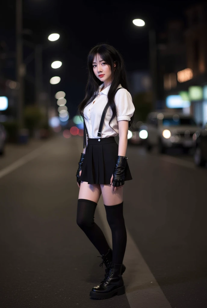 real photos, cosplay, Night city street background, super smash bros render, of Tifa from final fantasy, （long black hair, White cutie on black background , suspenders,Over-the-knee black socks, suspender black skirt, boots, fingerless black gloves , heavy...