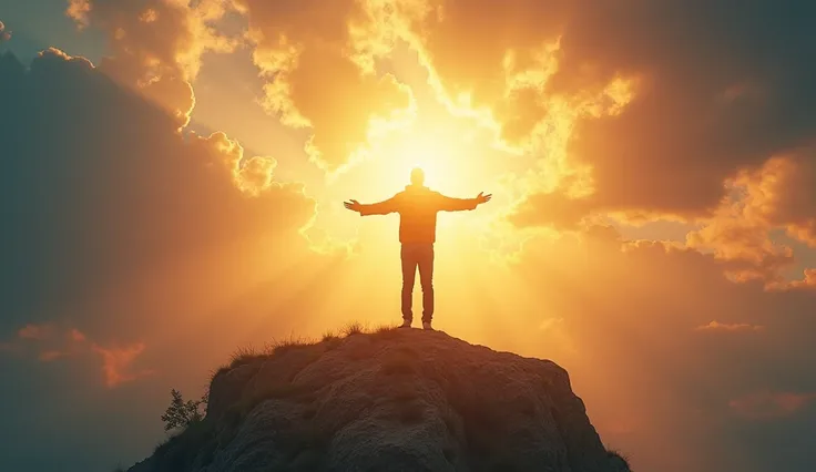 " A person standing on top of a cliff ,  with open arms ,  as a golden, heavenly light envelops your body. The sky in the background is filled with vibrant colors ,  symbolizing transformation and renewal ."

