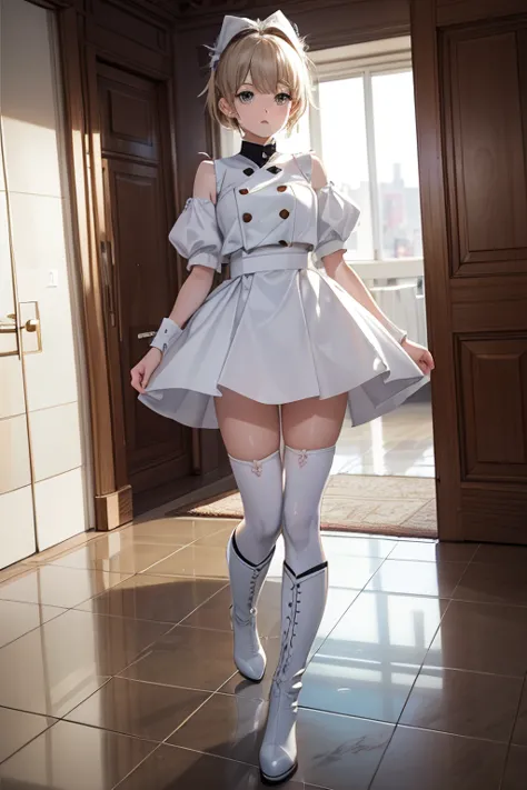  Super High Definition、 Real Photos、( extremely detailed CG Unity 8K wallpaper 、 Masterpiece)、(Best lighting、 Best Shadow、 very delicate and beautiful)、 ultra detail、《Woman wearing white knee-high platform boots with white bodysuit protector：1.2》、《 Petite ...