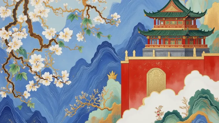 A close-up of the roof of an ancient Chinese building is drawn on the bottom right corner of the shabby paper， green roof，Wind Chimes。Withered wisteria，White Flowers，Gold painted ，large blue background.(((Negative Space:1.5)))。