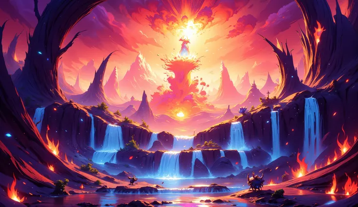 cartoon style wallpaper with fire elements, waterfalls and volcanoes 