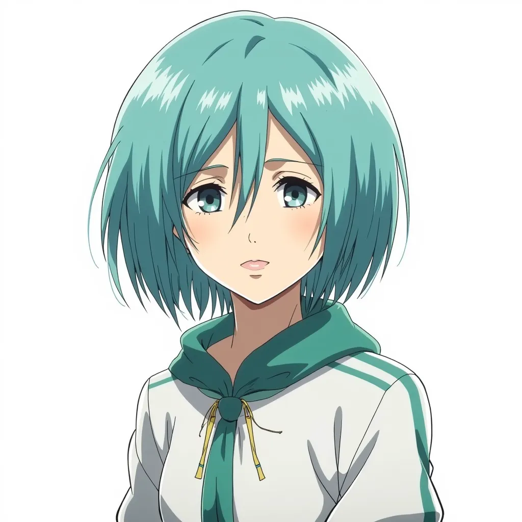 An anime-style female character with the hairstyle of Misato Katsuragi, turquoise hair, olive cool skin tone, and turquoise moderate light eyes. She is 170 cm tall and wears a medieval-style white robe with turquoise stripes. She is smiling warmly towards ...