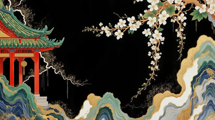 A close-up of the roof of an ancient Chinese building is drawn on the bottom right corner of the shabby paper， green roof，Wind Chimes。Withered wisteria，White Flowers，Gold painted ，large black background.(((Negative Space:1.5)))。