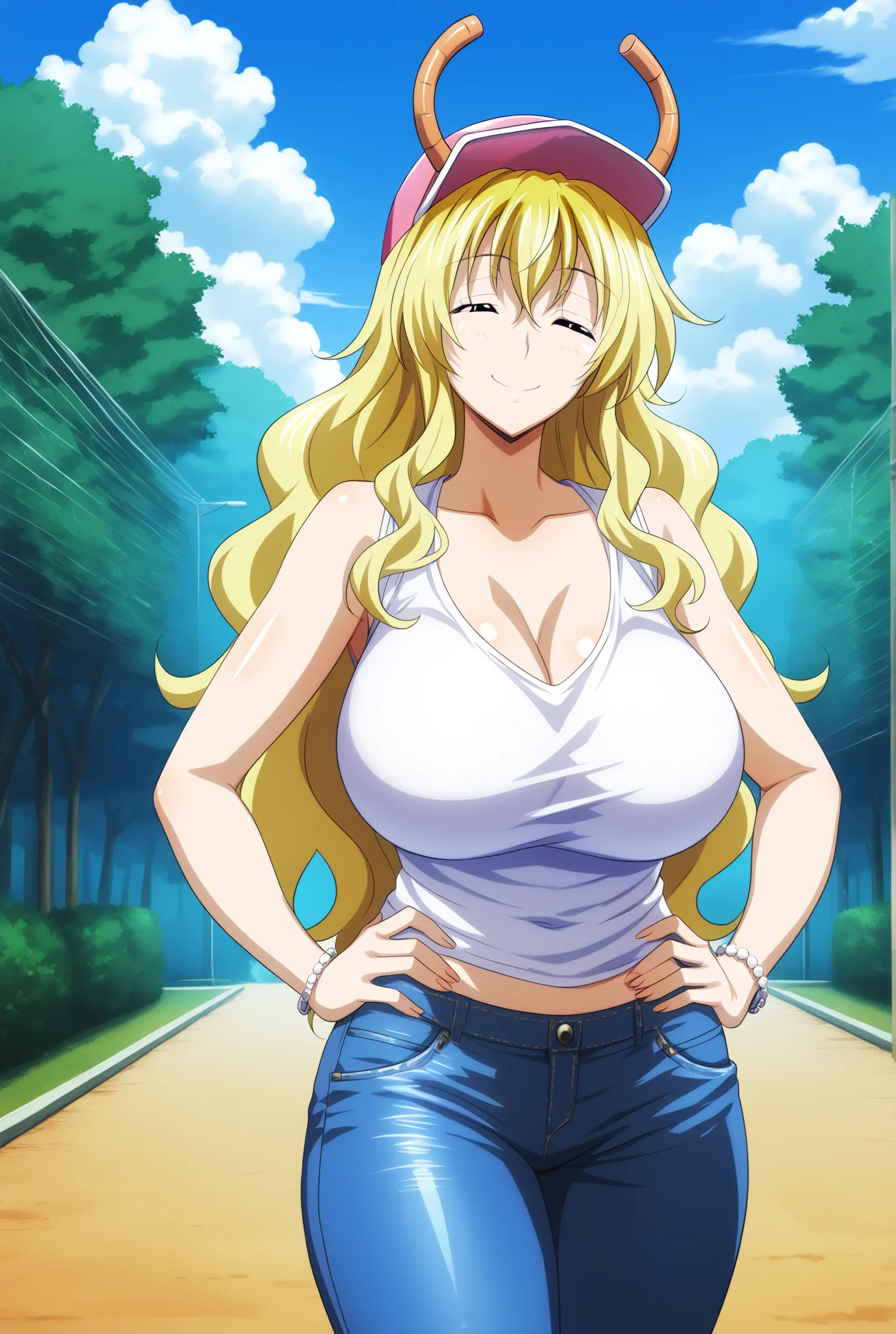 1 girl, Alone ,   mature woman,  mother and daughter, lucoa,  score_9,  Huge Breasts,  sleeveless t-shirt, jeans,  outdoor,  upper body ,  looking at the spectator,  smile,  hands on hips 