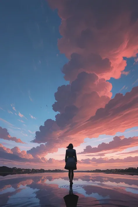 low vantage point, girl walking on water, Cumulus Majestic clouds, Surreal sky, distant view, dead calm, wide-angle shot, masterpiece, best quality, ultra detailed, extremely detailed CG, highly detailed, high resolution, 4k, incredibly absurd res, texture...