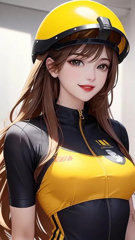 woman , long hair golden brown, normal, she is solo, from alternative world ,best quality, realistic, cycling yellow black suit and cycling sports black shorts, she is stand , smile, red lipstick , helmet 