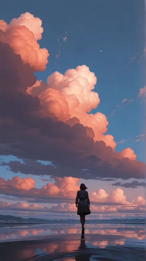 low vantage point, girl walking on water, tiny figure in the distance, Cumulus Majestic clouds, Surreal sky, distant view, dead calm, wide-angle shot, masterpiece, best quality, ultra detailed, extremely detailed CG, highly detailed, high resolution, 4k, i...