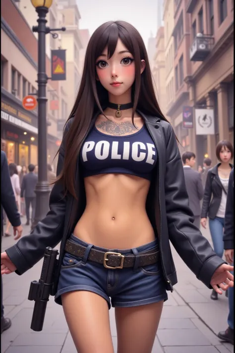 A sexy cop (tight top partially unbuttoned no bra, sexy, stomach exposed, police mini skirt panties exposed, well defined labia, cute police head band, utility belt with pistol, short boots) she is walking her beat downtown, crowded sidewalks, she is frien...