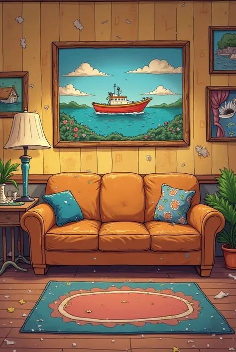 Create a background inspired by the living room from The Simpsons series with the sofa and the painting with the boat 