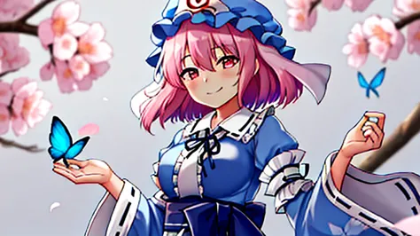  best quality,  masterpiece,  high resolution, Alone, { Saigyo-ji Temple_Yuyuko _ Orient:1.15},  pink_hair, triangle_  headpiece from your hands , hin, short_hair,  pink_eye, pain_ cap, green_hat, 前hair, smile, hair_ bitweens_eye,  upper_body, band, chest,...