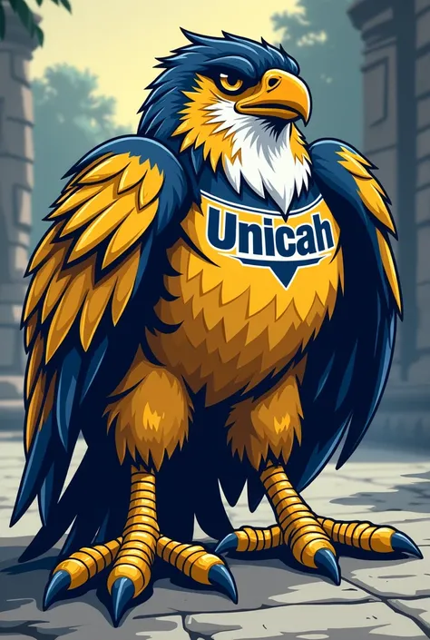 Mascot for a university that is a falcon in yellow and blue clothing the name of the university is UNICAH