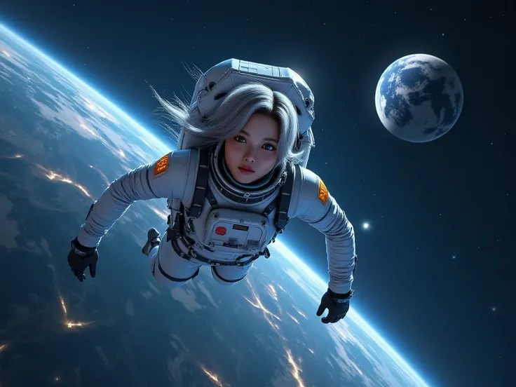 Astronaut wearing high tech and futuristic gear, wearing high tech space helmet, sky diving in space ship station,planet earth and moon appears in background, full of bright stars, magical view ,a very dark space, space station nearby, photo realistic, 8k ...