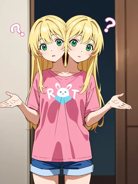 anime girl with two heads, long blond hair, green eyes, confused, shrugging, pink novelty t-shirt, blue short pants