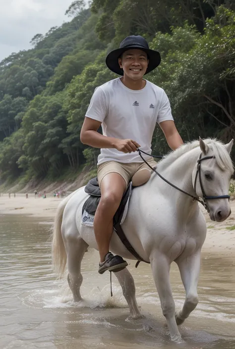 make a picture of an Indonesian man wearing a white hat ,black t-shirt, shorts and shoes again riding a white horse on a beach  , his horse's feet treading seawater with a smiley face clous up looking real