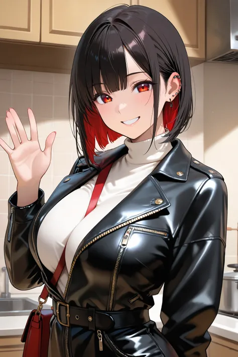 1 woman , 35 years old, black bob hair , large breasts,red inner color ,(masterpiece:1.2) ,best quality ,turtleneck , leather jacket, piercing, shoulder bag, kitchen , whole body,smile,waving