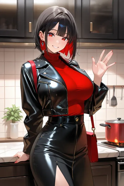 1 woman , 35 years old, black bob hair , large breasts,red inner color ,(masterpiece:1.2) ,best quality ,turtleneck , leather jacket, piercing, shoulder bag, kitchen , whole body,smile,waving