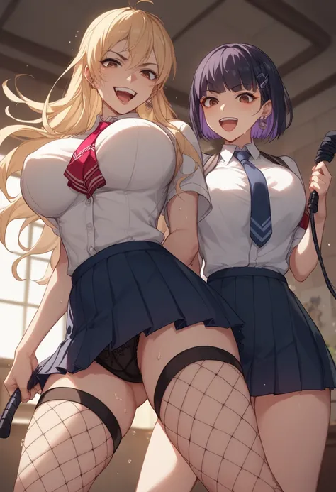 The background is a dark basement made of bricks 、2 women in their 20s with big breasts 、 Brown Eyes  、Yakumo Beni,  She is wearing a school uniform、fishnet tights, They have long whip in their hands、composition showing the floor from the ceiling 、cute ani...