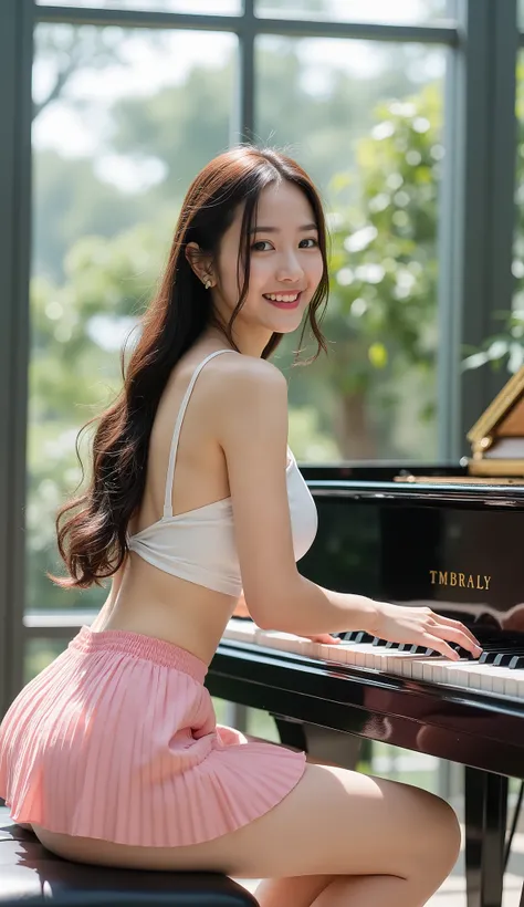  artistic photography ,Panoramic lens,  High Angle Shot , A 20-year-old Japanese beauty 。Focus on playing the piano，A very large piano。 slender calves ,  huge breasts,Clear cleavage long hair ，Five slender fingers,Smile。Pink ultra-short pleated skirt ，Extr...