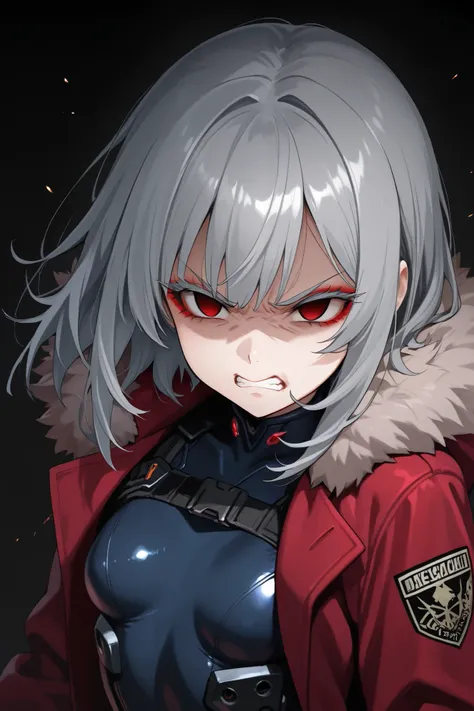 Mesugaki, medium hair, grey hair, grey eyelashes, red eyes, {fur trimmed grey coat}, dark blue bodysuit, tactical clothes, small breasts, red eyeshadow, black background, angry, empty eyes, clenched teeth