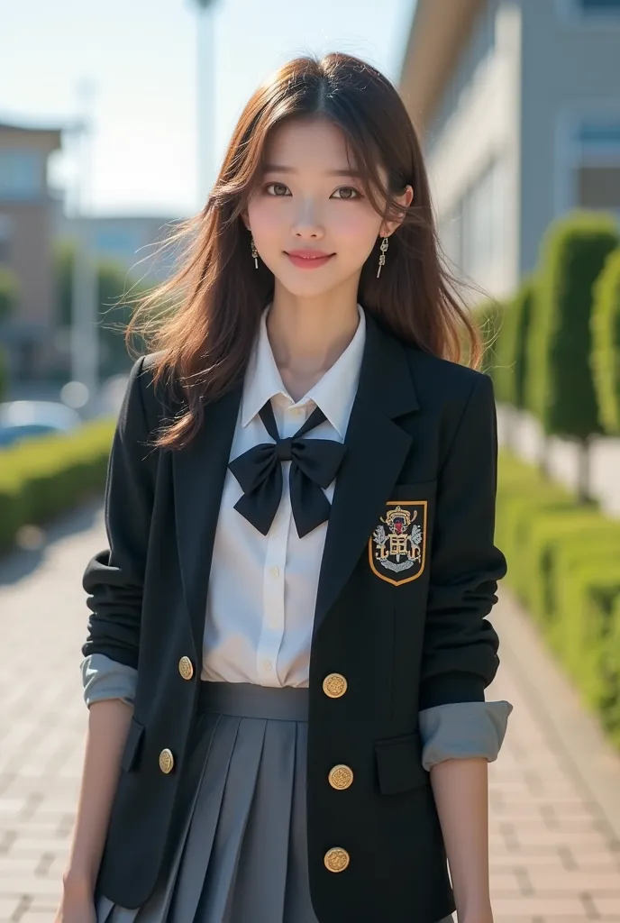 A photorealistic portrait of a 17-year-old Korean girl with brown hair styled in a trendy manner and big, expressive eyes. She exudes a cute charm, dressed in a stylish school uniform consisting of a chic blazer and pleated skirt, complete with modern acce...