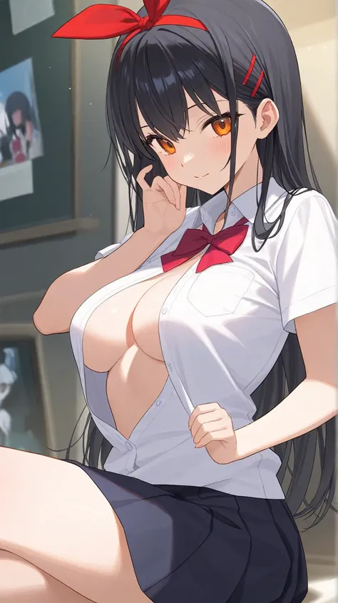 ( Masterpiece,  best quality:1.2)、School、 black hair、 long hair、Amber Eyes、 girls on the left、10th Generation、 beautiful breasts、 pay attention to boobs、 Remembrance Photo、 troubled expression、break、Up to 5 fingers、( best quality)、( ultra detail)、( very de...