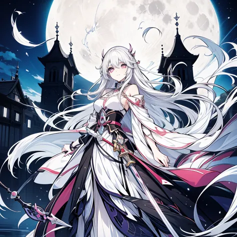 anime girl with long white hair holding a sword in front of a full moon, white haired deity, anime girl with long hair, female anime character, anime girl wearing a black dress, white haired, anime character, with long white hair, ueshiba riichi, nightcore...