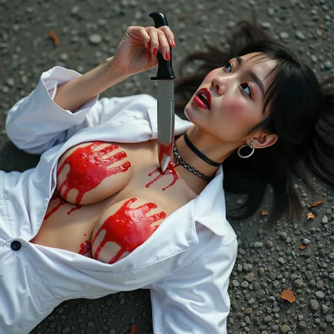 Gorgeous asian woman, with ponytail, hoop earrings, choker, huge oversized breasts that have large red liquid handprints with white lab coat that's been ripped open. She is lying on her back of floor of gravel ground. She has a large knife blade lodged int...